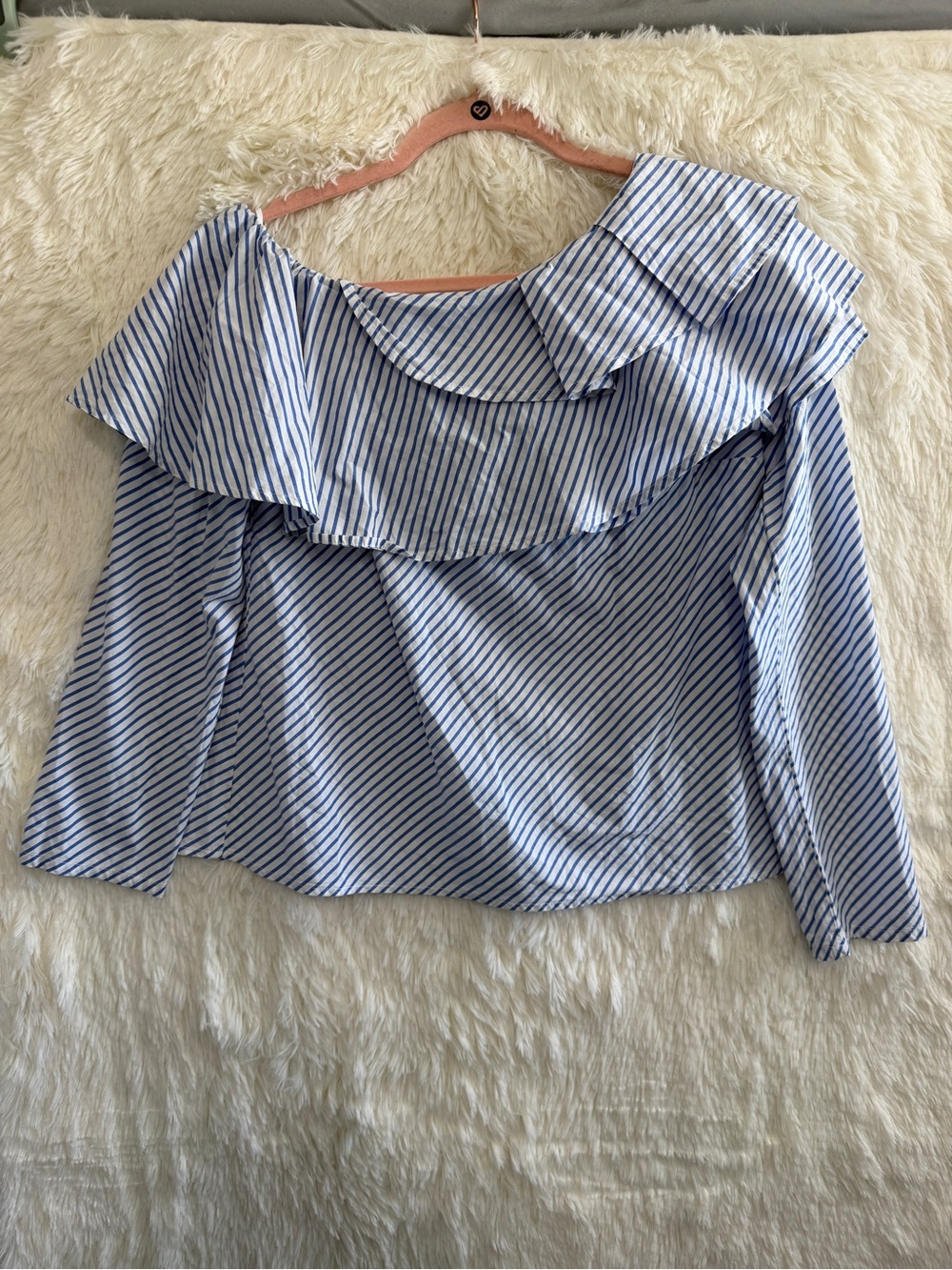 Gap Womens Coastal Striped Ruffle Detail One Shoulder Top M Blue White Preppy